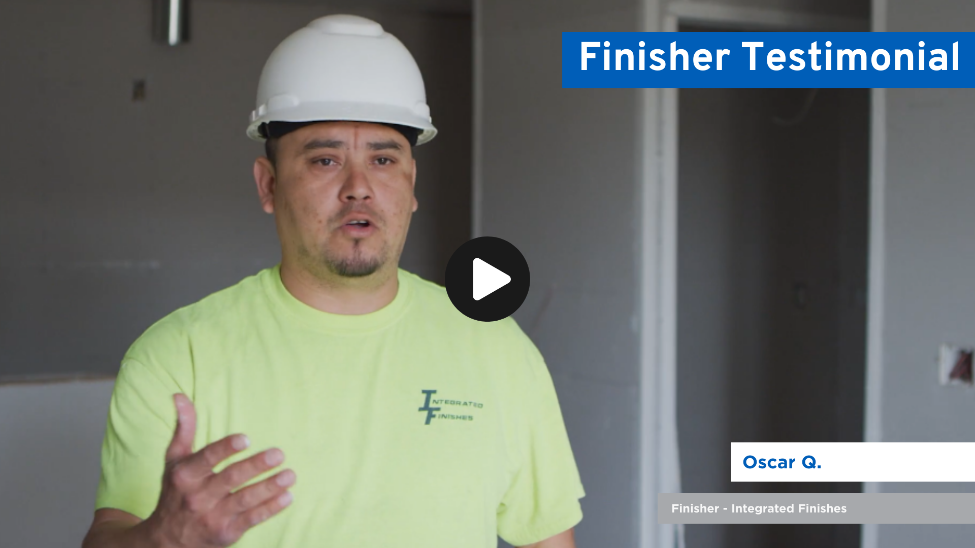 Image of a construction worker in front of a box of Levelline drywall corner bead with a play arrow on the screen to indicate a video.